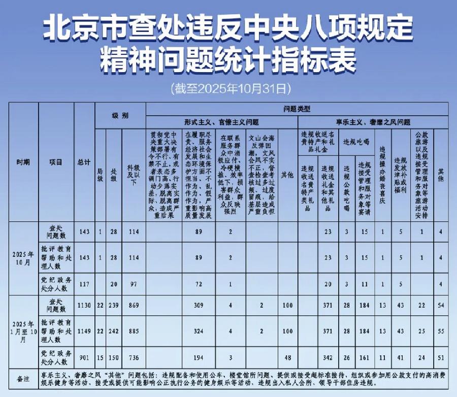 今年1月至10月查处违反中央八项规定精神问题统计指标表